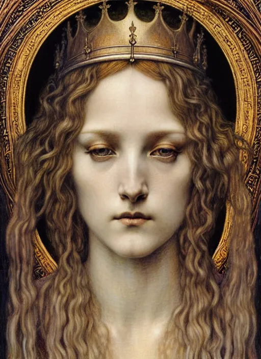 Image similar to detailed realistic beautiful young medieval queen face portrait by jean delville, gustave dore and marco mazzoni, art nouveau, symbolist, visionary, gothic, pre - raphaelite. horizontal symmetry