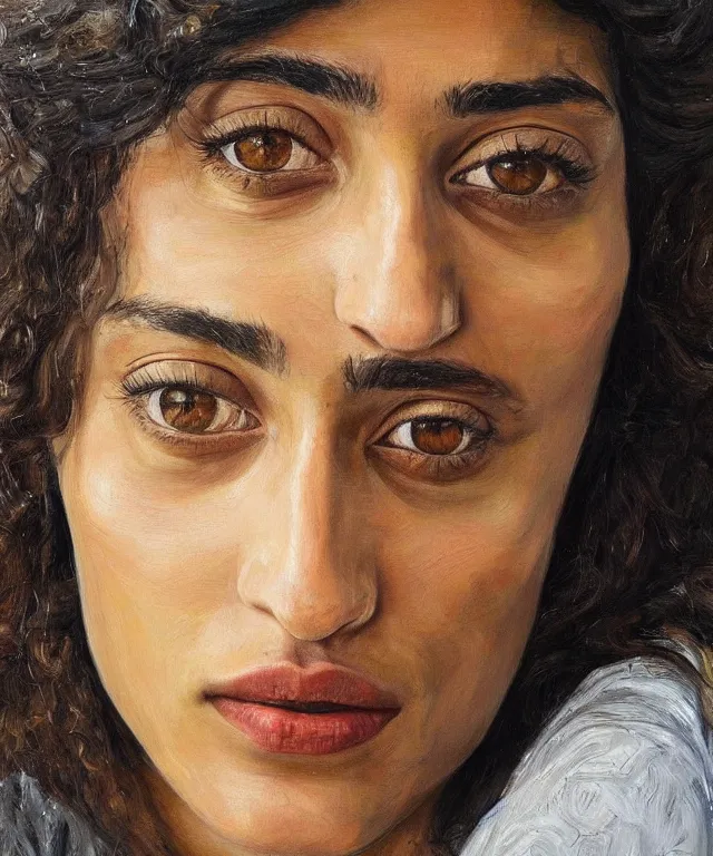 Image similar to realistic portrait of golshifteh farahani, painted by lucian freud, high quality, high detail