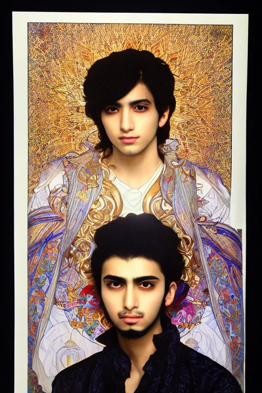 Image similar to beautiful medium shot portrait of a young arabic man inspired by ayami kojima with short hair dressed with a white t - shirt looking into the camera from three - quarters, white background white bank studio light, art by yoshitaka amano, alfons mucha and shingo tamagawa, 8 k