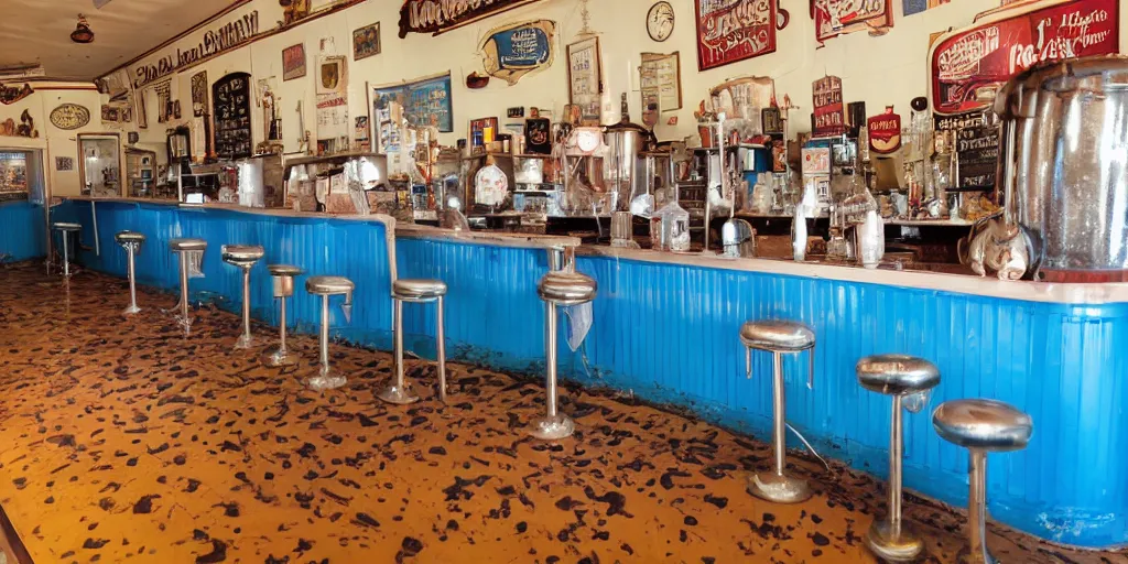 Image similar to inside an old fashioned ice cream parlor. a leaking case of melting ice cream cases is behind the bar. the leak has made a puddle on the floor, and the puddle is reminiscent to the shape of werewolf fangs. there is an eerie voluminous blue electric glow.