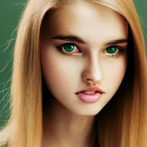 Prompt: brunette with long dyed blonde hair, 21 years old, 165 cm tall, 50% smaller nose, 30% smaller mouth, round shaped face, big forehead, lop eared, thin eyebrows, emerald eyes, darker skin, real life photograph