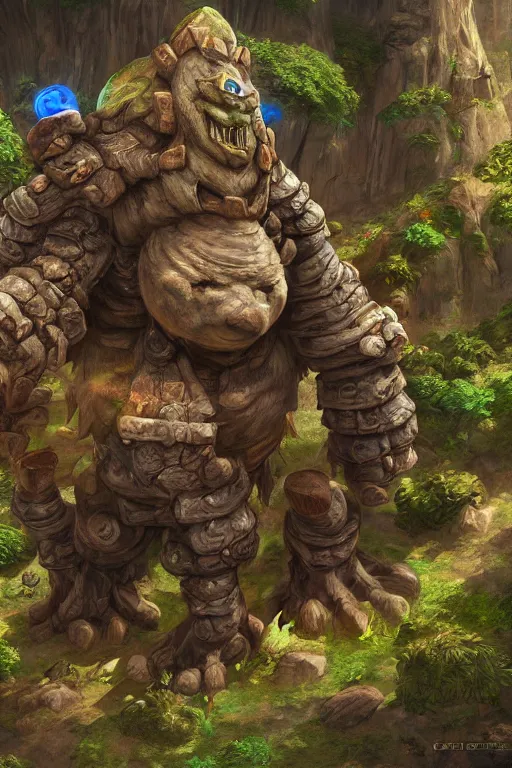 Image similar to zelda fantasy art giant golem troll wood rock greeble gemstone, global illumination ray tracing hdr fanart arstation by sung choi and eric pfeiffer and gabriel garza and casper konefal