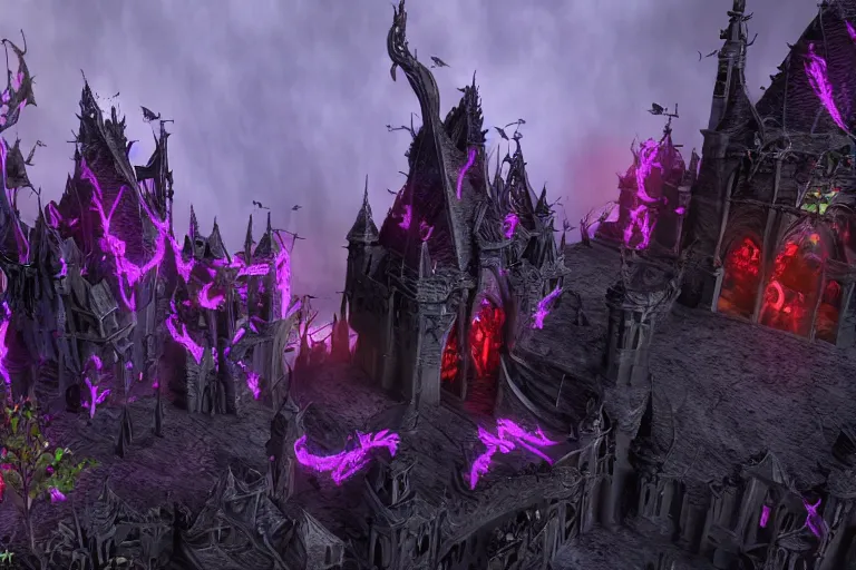 Image similar to big evil fairy castle - city rock dark shadow elves, might and magic heroes 7, dark fantasy, shadows, artstation trending, unreal engine 5, red