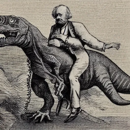 Prompt: illustration of charles darwin riding a dinosaur