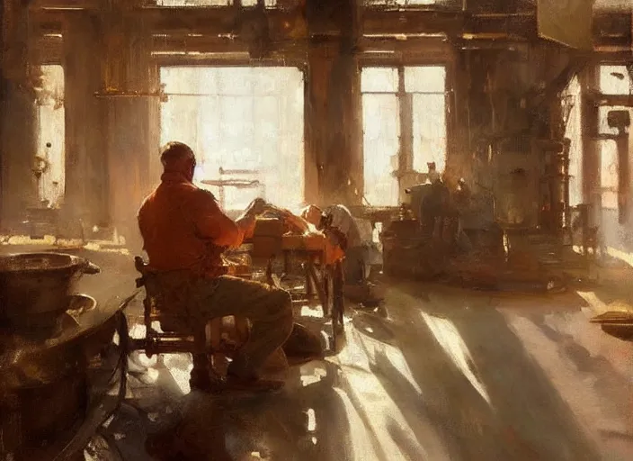 Prompt: oil painting of copper still in factory setting, art by anders zorn, wonderful masterpiece by greg rutkowski, beautiful cinematic light, american romanticism by greg manchess, reflections in copper, sunlight, dust and steam