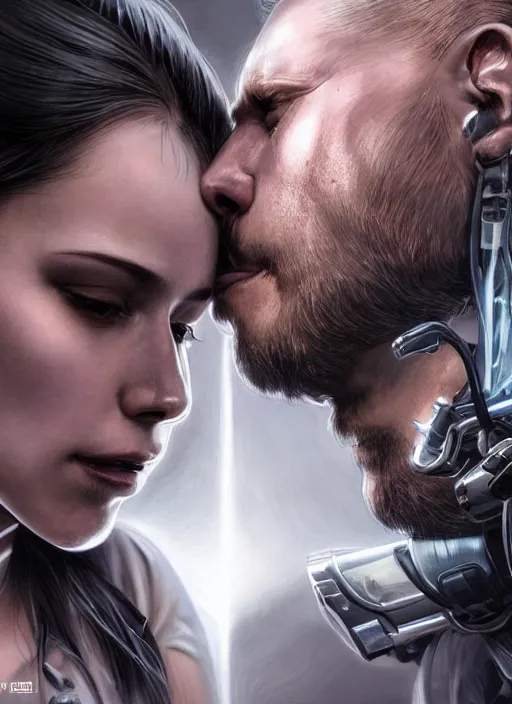 Prompt: ultra realistic extreme close - up of a couple of cyborgs kissing, lovers, cyberpunk, sci - fi, fantasy, kodak, photorealistic illustration, colour led, soft light, volumetric lighting, night, intricate, highly detailed, digital painting, concept art, smooth, sharp focus, illustration, art by artgerm and greg rutkowski and alphonse mucha