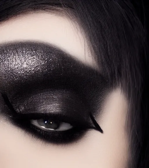 Prompt: close up portrait of a beautiful goth girl wearing heavy black makeup, studio photo, dramatic lighting