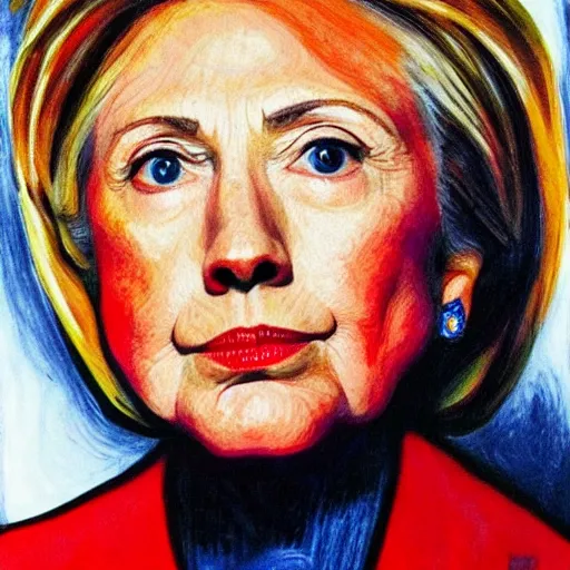 Image similar to shiny red hillary clinton portrait painted by edvard munch, very very very very beautiful