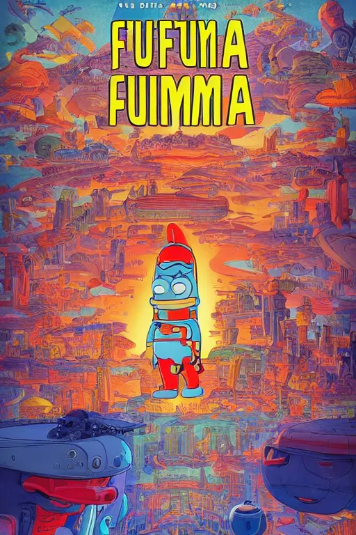 Prompt: Movie poster of Futurama, Highly Detailed, Dramatic, A master piece of storytelling, wide angle, cinematic shot, highly detailed, cinematic lighting, by ilya repin + Hideaki Anno + Katsuhiro Otomo +Rumiko Takahashi, 8k, hd, high resolution print