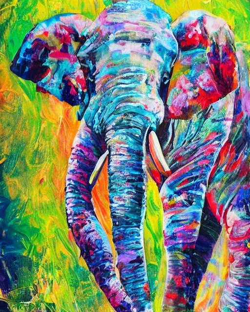 Image similar to hyperrealistic ultra detailed surrealist colorful acrylic pour painting of an elephant by moksha marquardt, rhads, trending on artstation, chillwave, psycedelic, metaphysical, mystical, sense of awe