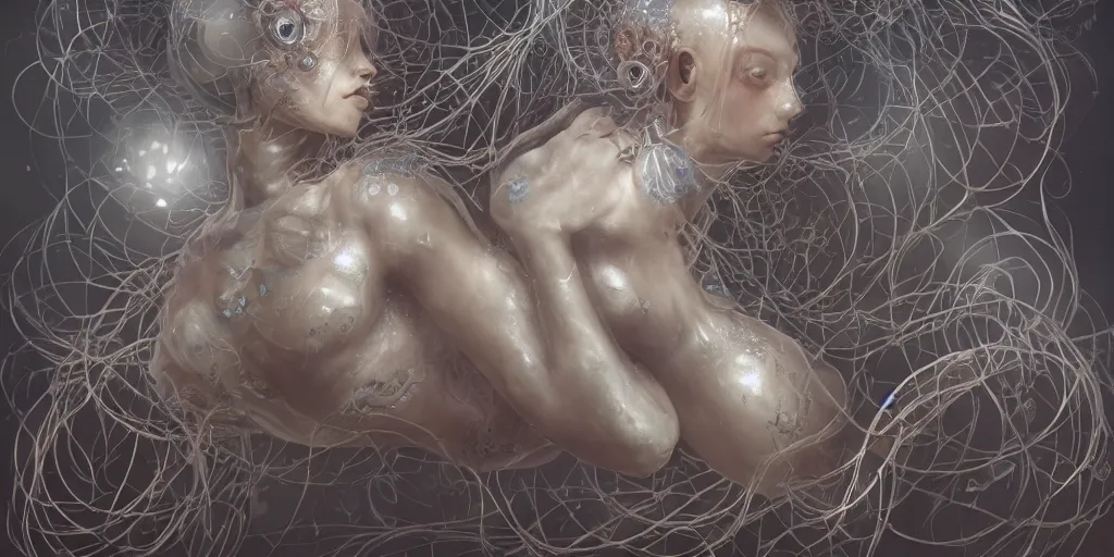 Image similar to hyperrealistic solarpunk photography of a highly detailed and symmetrical gorgeous cyborg nymph awash in a sea of milk in the style of beth cavener, jin kagetsu, james jean and wlop, face symmetry, masterpiece, award - winning, sharp focus, intricate concept art, ambient lighting, 8 k, artstation