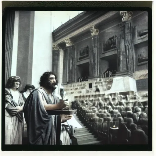 Image similar to polaroid of a ancient roman Caesar speaking before the senate candid shots by Tarkovsky