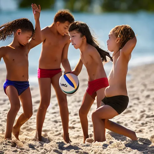 Image similar to a group ok kids playing beach volley with their heads, extremely photorealistic, hyper detailed, canon eos - 1 d x mark iii, 3 0 0 mm
