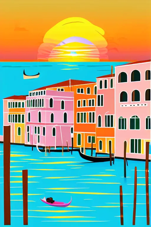 Image similar to minimalist boho style art of colorful venice at sunrise, illustration, vector art