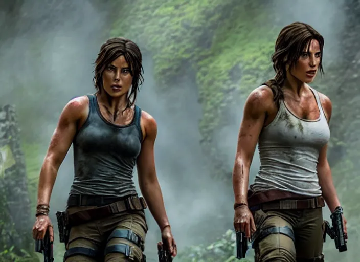 Image similar to film still of!!!! chloe bennett!!! as lara croft in new tomb raider movie, 8 k