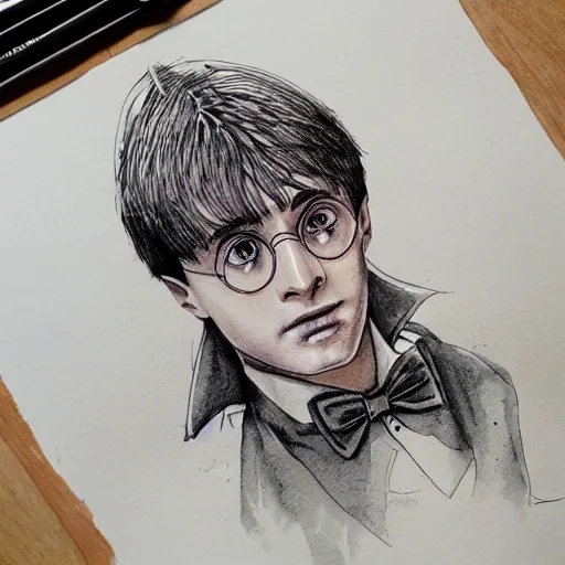 Image similar to beautiful aesthetic inspirational masterful professional ink pen and watercolor sketch of harry potter school of wizardry, ultra detailed, fine details, trending on artstation, high quality paper