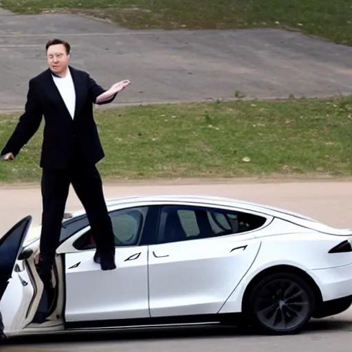 Image similar to elon musk about to get run over by a rogue tesla