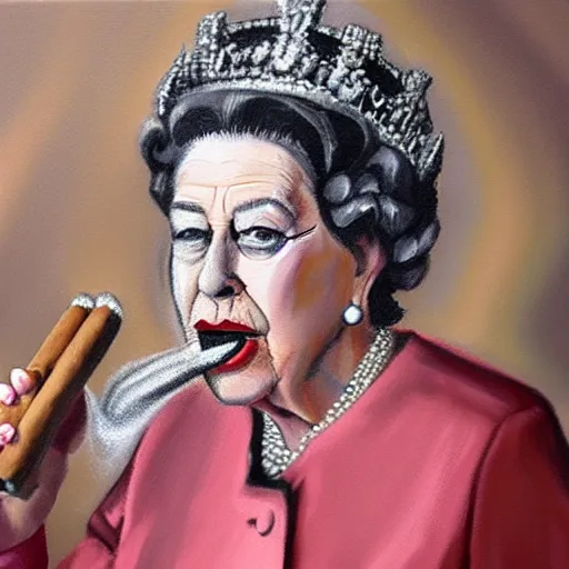 Prompt: Realistic painting of Queen Elizabeth II smoking a cigar on a unicycle