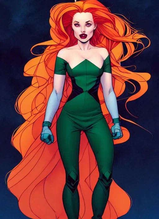 Prompt: rafeal albuquerque comic art, joshua middleton comic art : : pretty madelaine petsch rogue x - men marvel : : big smirk, symmetrical face, symmetrical eyes : : long red hair and [ white hair ] : : with white streak in hair : : full body, flying in the air : : cinematics lighting, sunset colors
