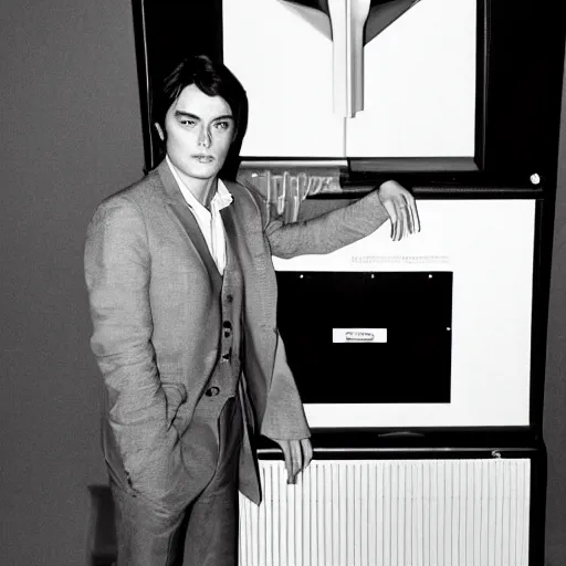 Image similar to stunning symmetrical portrait of alain delon in front of a tall moog synthesizer, high contrast grainy blank and white photography print ilford warm tone, huge modular synthesizer!!!!!!!