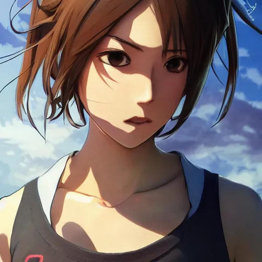 Prompt: girl running, sport clothing, anime style, short hair, hair down, symmetrical facial features, shoulder eyes, from arknights, hyper realistic, 4 k, rule of thirds, extreme detail, detailed drawing, trending artstation, realistic lighting, by alphonse mucha, greg rutkowski, sharp focus, backlit