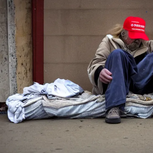 Image similar to donald trump dressed as a homeless man living in the slums