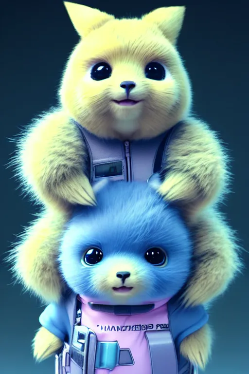 Image similar to high quality 3 d render cyberpunk very cute pastel fluffy! quokka cyborg, highly detailed, vray smooth, in the style of detective pikachu, hannah yata charlie immer, dramatic blue light, low angle, uhd 8 k, sharp focus