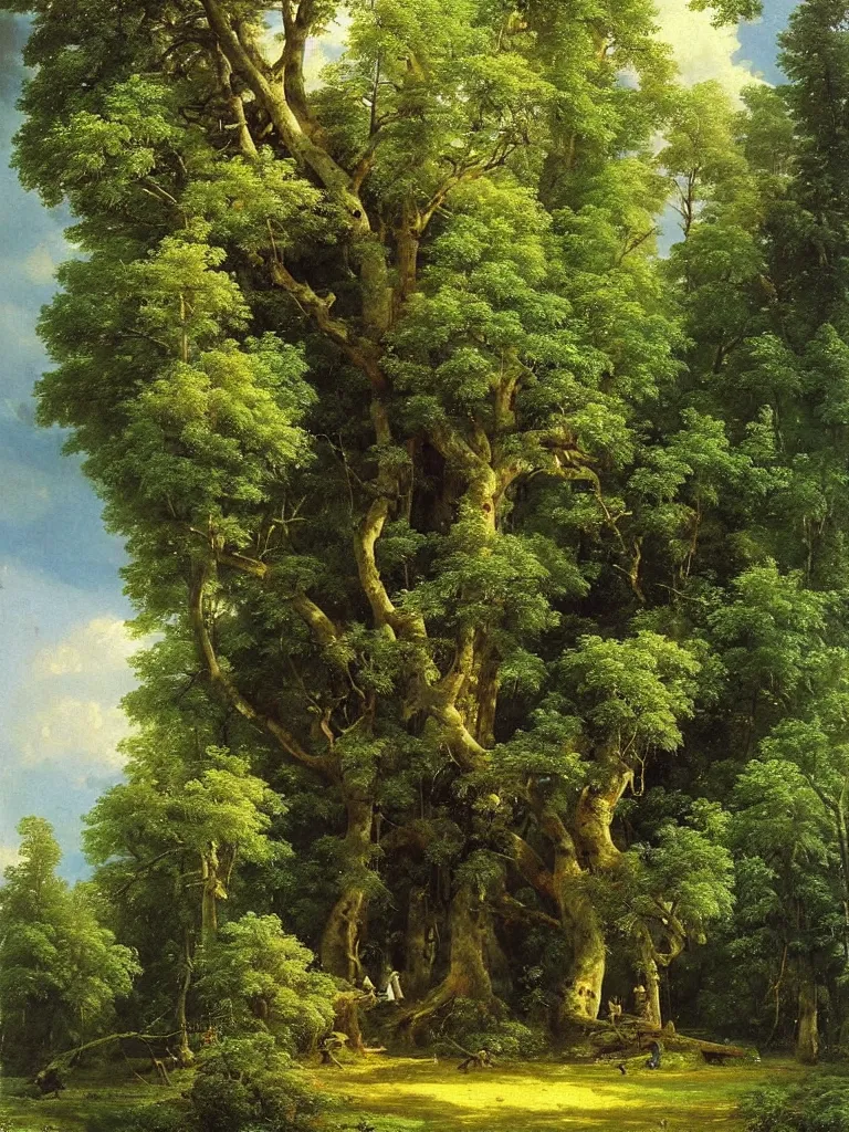 Prompt: Beautiful treehouse in a ((lush green forest)) by ivan shishkin and aivazovsky, oil on canvas, highly detailed, masterpiece