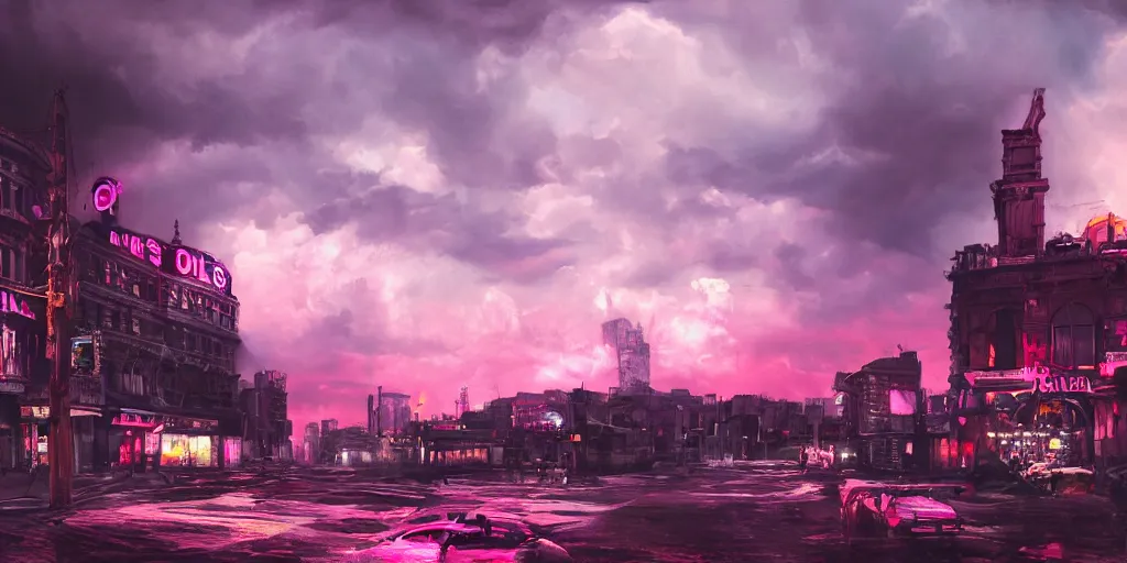 Prompt: oil painting, pink, rich deep colors masterpiece, punks, neon, ultra detailed, contrast, heaven pink, lots of roman arches, punk rock with mohawks, clouds, sky, volumetric light, atmospheric lighting, dramatic, cinematic, steampunk, moody, octane render 4 k, 8 k