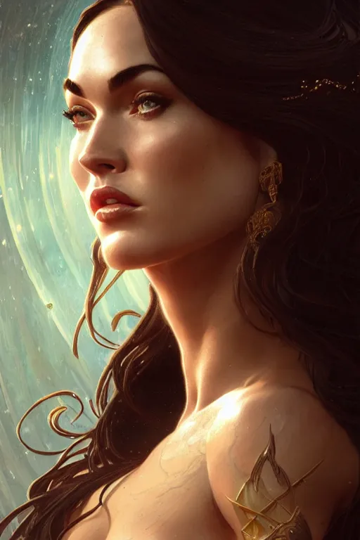 Image similar to portrait of megan fox as the goddess circe, greek mythology, intricate, headshot, highly detailed, digital painting, artstation, concept art, sharp focus, cinematic lighting, illustration, art by artgerm and greg rutkowski, alphonse mucha, cgsociety