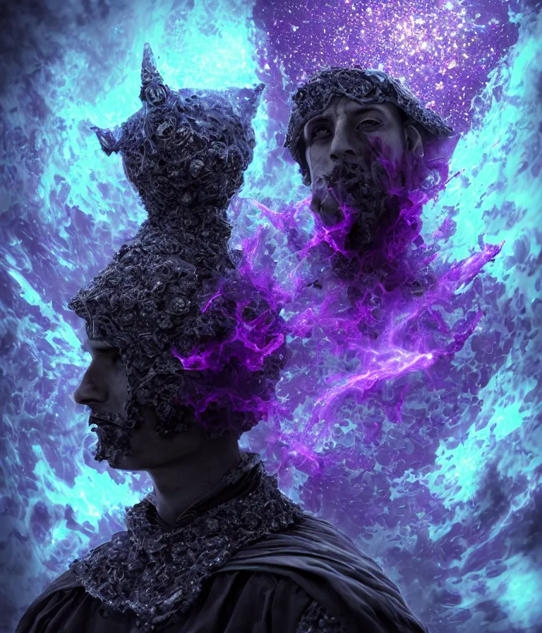 Image similar to impressive ominous front!! shot photo of a court jester character fine portrait fine portrait mesmerizing fractal hyper cubes platinum cracked dark future hyper dimensional space galactic crystal nebula edges elegant detailed intricate concept artstation sharp focus ray tracing cinematic masterpiece temporal corruption beeple wlop germ 8 4 k scifi glossy hyper realistic illustration canon eos r 3 fujifilm x - t 3 0 sony alpha a 6 6 0 0