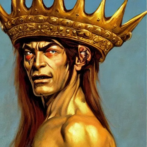 Prompt: The goblin king wearing a golden crown, painting by Frank Frazetta, detailed, 4k