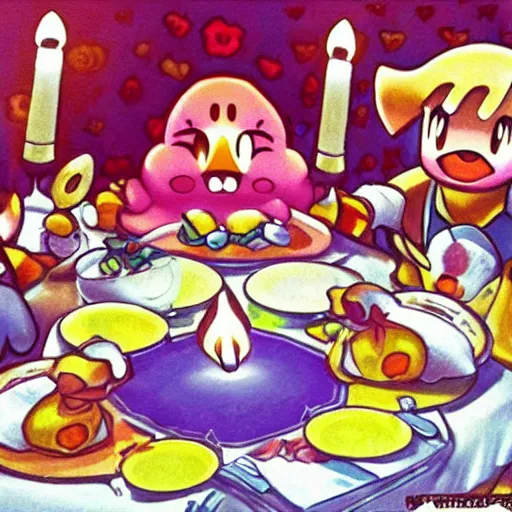 Prompt: kirby!!!!!!!!!!!!!! romantic dinner, candlelight, roses