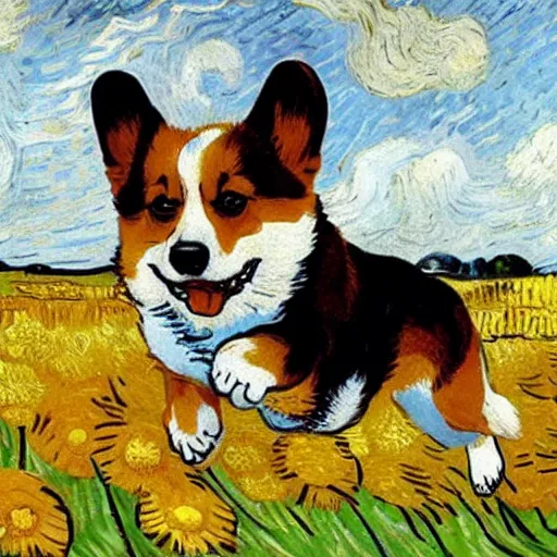 Prompt: a corgi jumping through a field of flowers by van Gogh