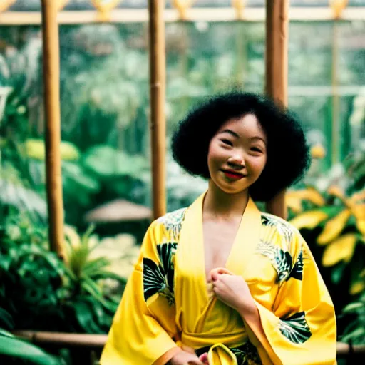 Prompt: Medium format photograph of an perfect woman wearing a yellow kimono in a tropical greenhouse, bokeh