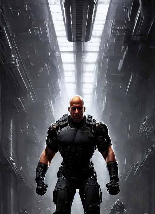 Image similar to vin diesel as victor stone, full body concept, cyborg, borg, strogg, face of a man, terminator, flesh, quake strogg, doom demon, wolfenstein, monstrous, powerful, symmetry, symmetrical, concept art by ruan jia and greg rutkowski