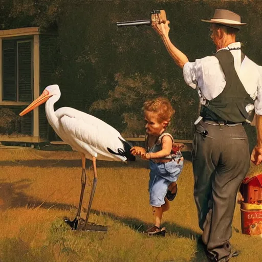 Prompt: a man is chasing away a stork. the stork is carrying a human baby. the man has a shotgun. they're in a trailer park. norman rockwell painting. highly detailed, high quality, 8 k, soft lighting, realistic face, path traced