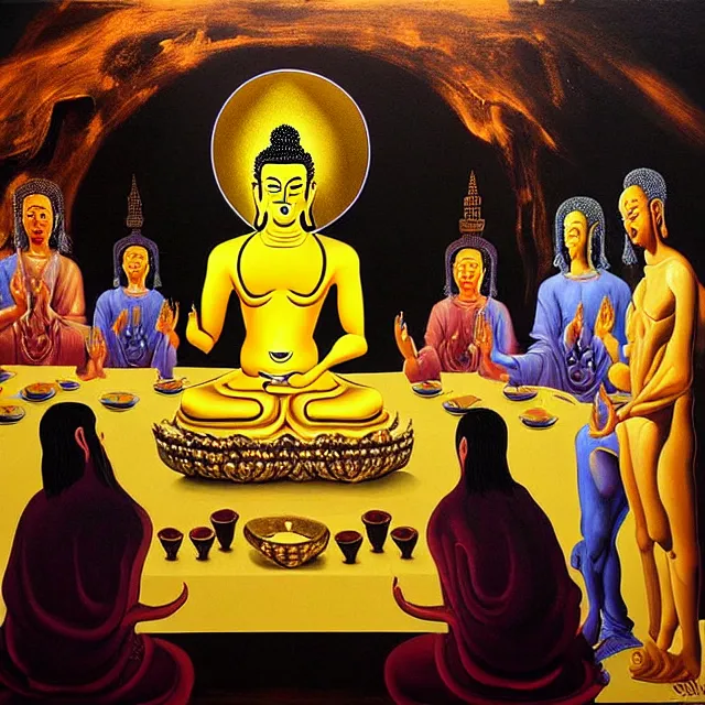 Prompt: a beautiful painting cyberpunk gold buddha the last supper, by salvador dali realistic oil painting