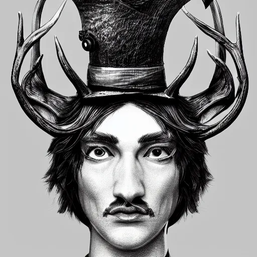 Prompt: a portrait of a deer lord with monocle and top hat, intricate detail, digital art, trending on artstation