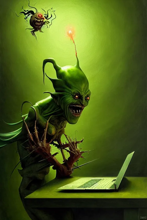 Image similar to hieronymus bosch, greg rutkowski, anna podedworna, painting of a green goblin screaming at a laptop