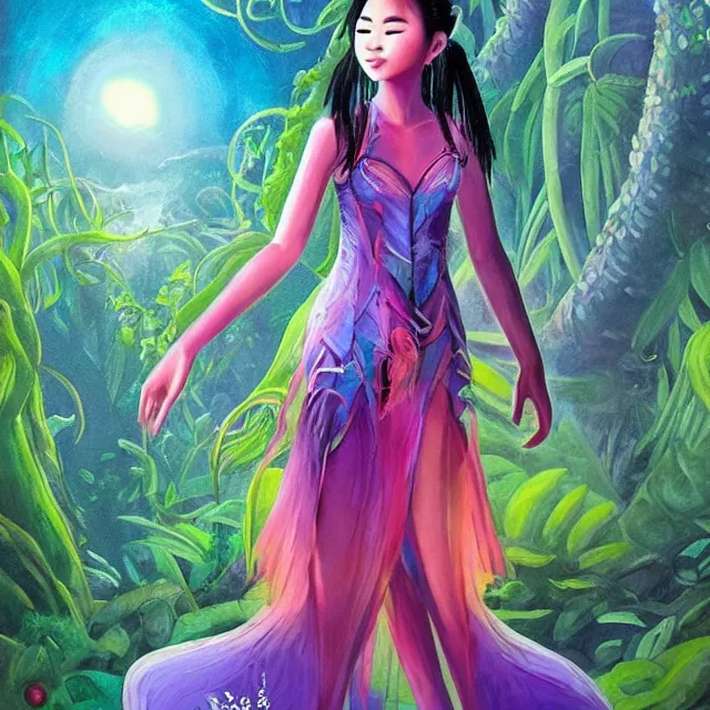 Image similar to southeast asian scifi princess of the cloud forest, wearing a lovely dress with cyberpunk details. this oil painting by the beloved children's book author has an interesting color scheme and impeccable lighting.