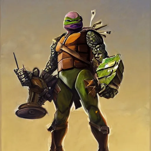 Image similar to greg manchess portrait painting of armored leonardo of tmnt as overwatch character, medium shot, asymmetrical, profile picture, organic painting, sunny day, matte painting, bold shapes, hard edges, street art, trending on artstation, by huang guangjian and gil elvgren and sachin teng