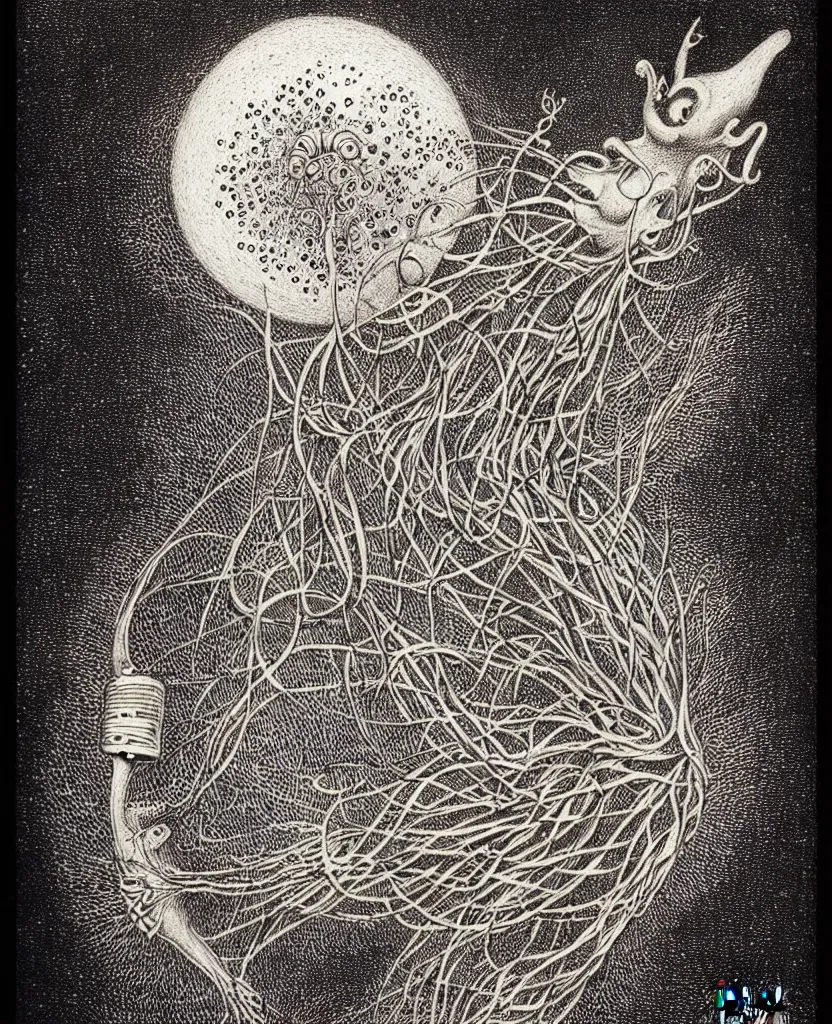 Image similar to whimsical freaky creature sings a unique canto about'as above so below'being ignited by the spirit of haeckel and robert fludd, breakthrough is iminent, glory be to the magic within, stipple shaded drawing by ronny khalil