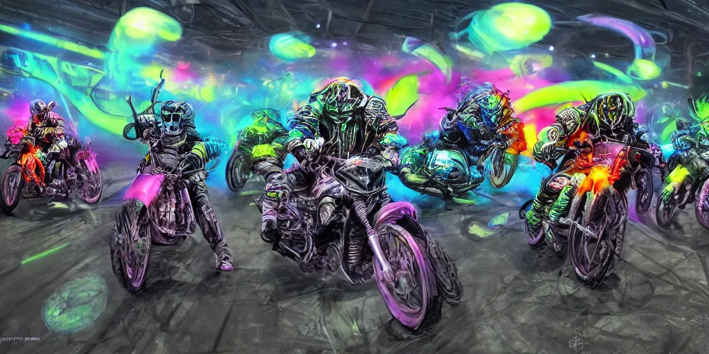 Prompt: psychedelic blacklight airbrush artwork, motorcycles, hyper stylized action shot of orc bikers racing on motorcycles, menacing orcs, drifting, skidding, wheelie, clear focused details, soft airbrushed artwork, black background, post - apocalypse, cgsociety, artstation