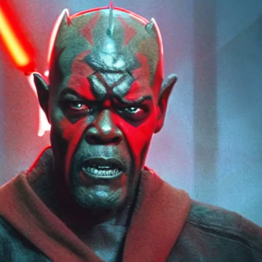 Image similar to a film still of samuel l. jackson starring in a blockbuster film as darth maul from star wars, shallow depth of field, cinematic, award winning cgi, vfx, film still