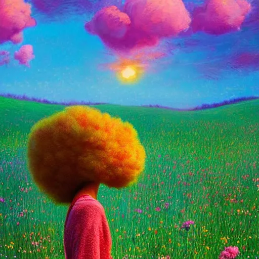 Image similar to girl with afro made of flower, standing in a field with flowers, surreal photography, hills, big trees, sunrise dramatic light, impressionist painting, colorful clouds, digital painting, pointillism, artstation, simon stalenhag