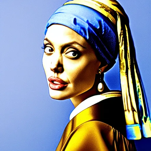 Image similar to a beautiful portrait photo of angelina jolie as the girl with a pearl earring