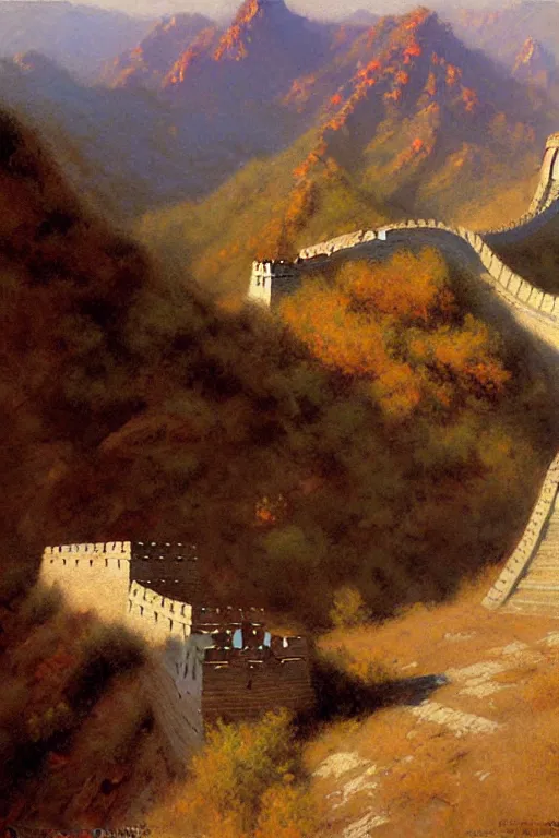 Prompt: The great wall, painting by Gaston Bussiere, Craig Mullins