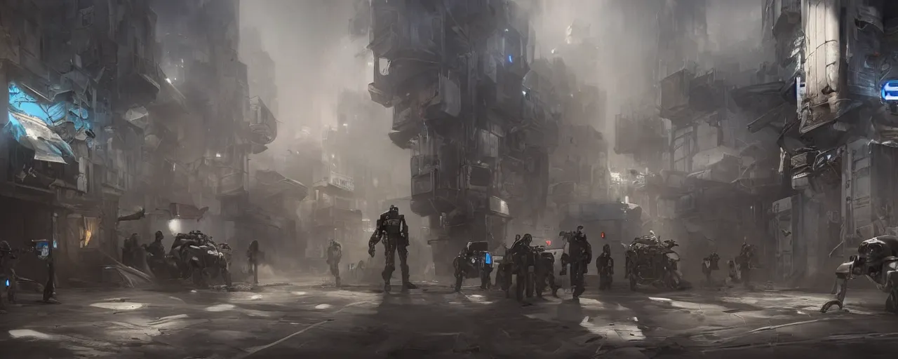 Image similar to a robotic police with drone slums, concept art, artstation, dystopian, matte painting, hyper realistic, art by feng zhu, cinematic lighting, sci - fi color palette
