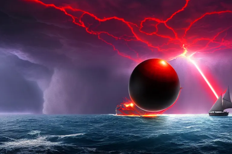 Prompt: A beautiful matte painting of huge spherical alien spaceship attacking with powerful red lasers a Sailship in ocean in thunderstorm by stephan koldi